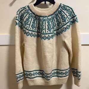 Hand knit cream and teal sweater